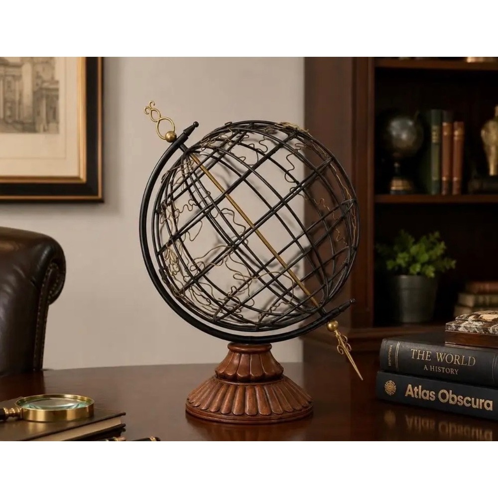 Vintage Style Metal Wire Armillary Globe Wooden Base Bronze Iron 16in Decor